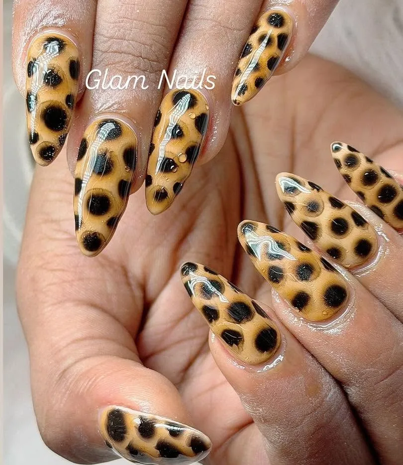 Tan and black leopard tortoiseshell almond nails, high gloss