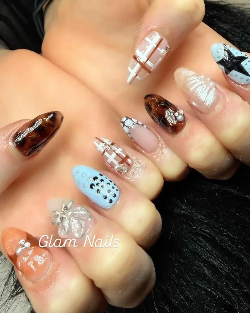 Mixed design almond set — brown tortoiseshell, blue star, plaid, 3D silver bow and pearls