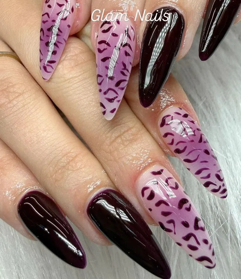 Purple leopard and dark plum glossy stiletto nails